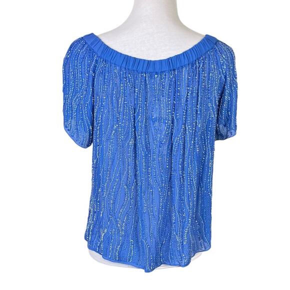 Parker NWT Royal Blue Beaded Embellished Off the Shoulder Sheer Top - Picture 6 of 16